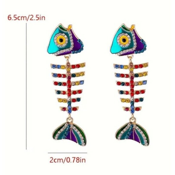 Rainbow Rhinestone Fish Bones Earrings 2.5" Women Teens - Picture 3 of 5